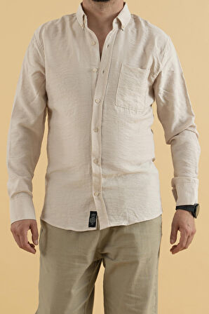 Souris Reynard Erkek Slim Fit Viskon Keten Gömlek Taş Rengi