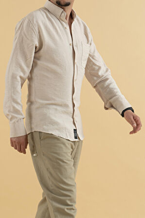 Souris Reynard Erkek Slim Fit Viskon Keten Gömlek Taş Rengi