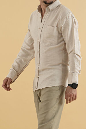 Souris Reynard Erkek Slim Fit Viskon Keten Gömlek Taş Rengi