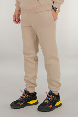 Erkek Bej Eşofman Altı Rahat Kesim 3 iplik Şardonlu İpli Ribana Bel