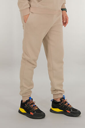 Erkek Bej Eşofman Altı Rahat Kesim 3 iplik Şardonlu İpli Ribana Bel