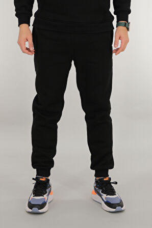 Erkek Siyah Eşofman Altı Rahat Kesim 3 iplik Şardonlu İpli Ribana Bel