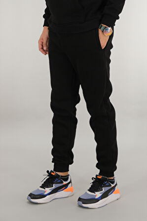 Erkek Siyah Eşofman Altı Rahat Kesim 3 iplik Şardonlu İpli Ribana Bel