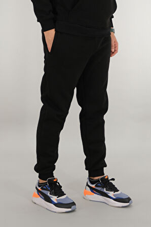 Erkek Siyah Eşofman Altı Rahat Kesim 3 iplik Şardonlu İpli Ribana Bel