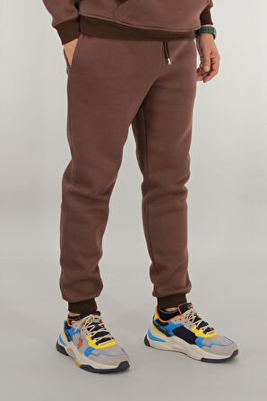 Erkek Kahverengi Eşofman Altı Rahat Kesim 3 iplik Şardonlu İpli Ribana Bel