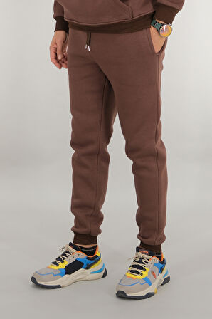 Erkek Kahverengi Eşofman Altı Rahat Kesim 3 iplik Şardonlu İpli Ribana Bel