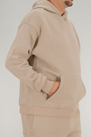 Erkek Bej Oversize Kapüşonlu Sweatshirt 3 iplik Şardonlu Kanguru Cepli