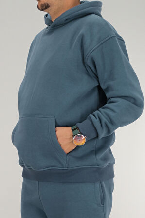 Erkek Petrol Mavisi Oversize Kapüşonlu Sweatshirt 3 iplik Şardonlu Kanguru Cepli