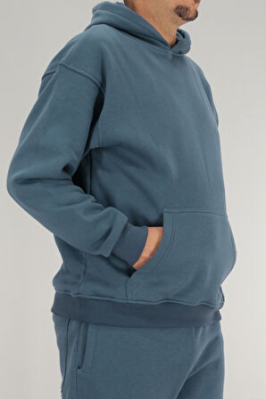 Erkek Petrol Mavisi Oversize Kapüşonlu Sweatshirt 3 iplik Şardonlu Kanguru Cepli