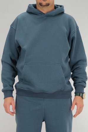 Erkek Petrol Mavisi Oversize Kapüşonlu Sweatshirt 3 iplik Şardonlu Kanguru Cepli
