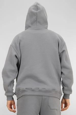 Erkek Gri Oversize Kapüşonlu Sweatshirt 3 iplik Şardonlu Kanguru Cepli