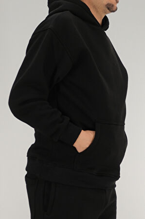 Erkek Siyah Oversize Kapüşonlu Sweatshirt 3 iplik Şardonlu Kanguru Cepli