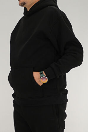 Erkek Siyah Oversize Kapüşonlu Sweatshirt 3 iplik Şardonlu Kanguru Cepli