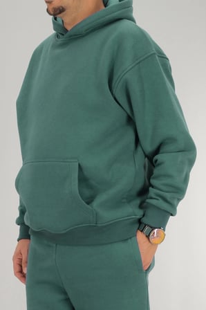 Erkek Petrol Yeşili Oversize Kapüşonlu Sweatshirt 3 iplik Şardonlu Kanguru Cepli