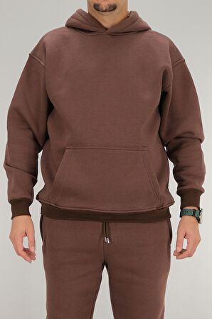 Erkek Kahverengi Oversize Kapüşonlu Sweatshirt 3 iplik Şardonlu Kanguru Cepli