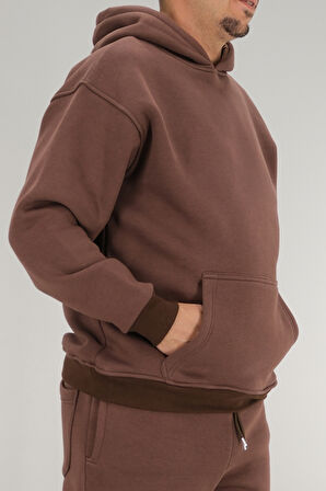Erkek Kahverengi Oversize Kapüşonlu Sweatshirt 3 iplik Şardonlu Kanguru Cepli