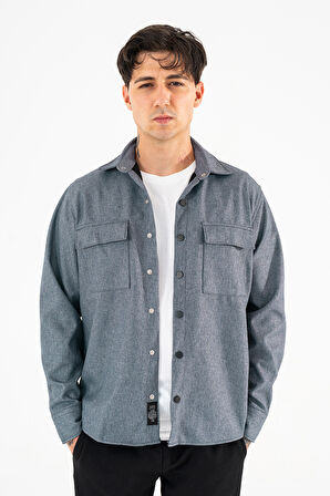 Erkek İndigo Oversize Gömlek Ceket Kapaklı Çift Cepli Çıtçıtlı