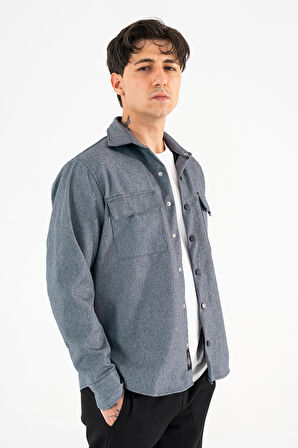 Erkek İndigo Oversize Gömlek Ceket Kapaklı Çift Cepli Çıtçıtlı