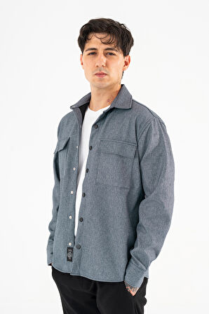 Erkek İndigo Oversize Gömlek Ceket Kapaklı Çift Cepli Çıtçıtlı