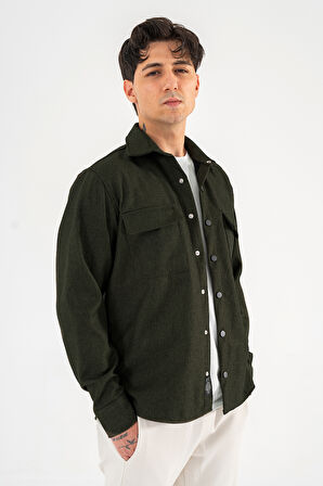 Erkek Haki Oversize Gömlek Ceket Kapaklı Çift Cepli Çıtçıtlı