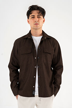 Erkek Kahverengi Oversize Gömlek Ceket Kapaklı Çift Cepli Çıtçıtlı