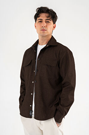 Erkek Kahverengi Oversize Gömlek Ceket Kapaklı Çift Cepli Çıtçıtlı