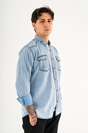 Erkek Buz Mavisi Slimfit Dar Kesim Çift Cepli Çıtçıtlı Yıkamalı Kot Gömlek