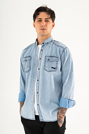 Erkek Buz Mavisi Slimfit Dar Kesim Çift Cepli Çıtçıtlı Yıkamalı Kot Gömlek