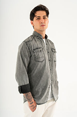 Erkek Füme Slimfit Dar Kesim Çift Cepli Çıtçıtlı Yıkamalı Kot Gömlek