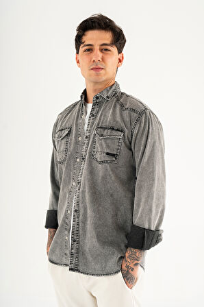 Erkek Füme Slimfit Dar Kesim Çift Cepli Çıtçıtlı Yıkamalı Kot Gömlek