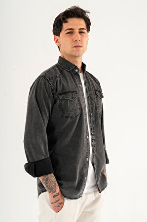 Erkek Siyah Slimfit Dar Kesim Çift Cepli Çıtçıtlı Yıkamalı Kot Gömlek