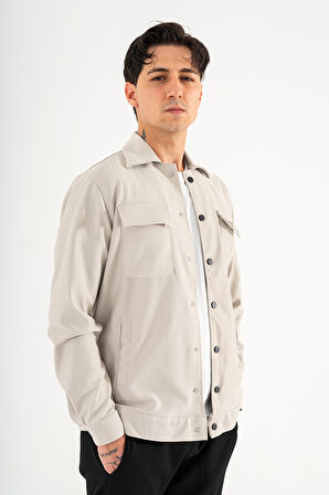 Erkek Taş Rengi Rahat Kesim Gömlek Ceket Kapaklı Çift Cepli Çıtçıtlı