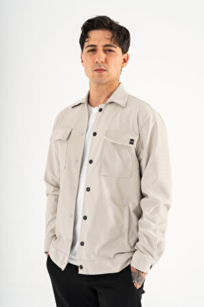 Erkek Taş Rengi Rahat Kesim Gömlek Ceket Kapaklı Çift Cepli Çıtçıtlı