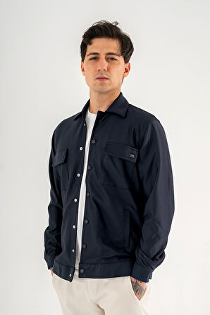 Erkek Lacivert Rahat Kesim Gömlek Ceket Kapaklı Çift Cepli Çıtçıtlı