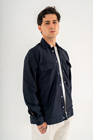 Erkek Lacivert Rahat Kesim Gömlek Ceket Kapaklı Çift Cepli Çıtçıtlı