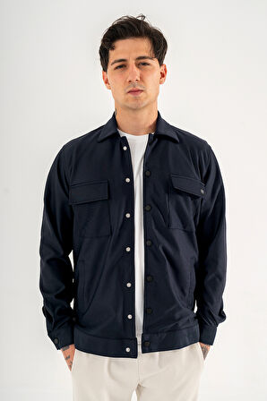 Erkek Lacivert Rahat Kesim Gömlek Ceket Kapaklı Çift Cepli Çıtçıtlı