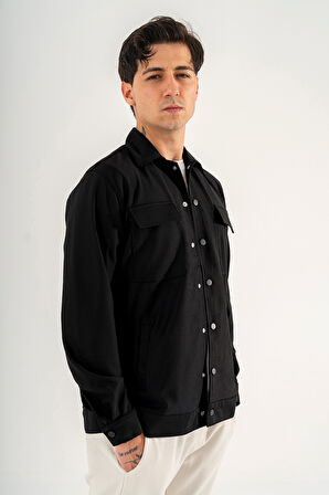 Erkek Siyah Rahat Kesim Gömlek Ceket Kapaklı Çift Cepli Çıtçıtlı