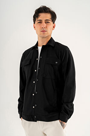 Erkek Siyah Rahat Kesim Gömlek Ceket Kapaklı Çift Cepli Çıtçıtlı