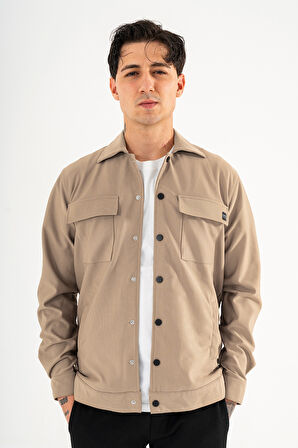 Erkek Camel Rahat Kesim Gömlek Ceket Kapaklı Çift Cepli Çıtçıtlı