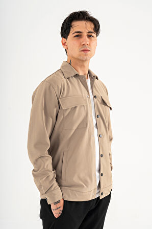 Erkek Camel Rahat Kesim Gömlek Ceket Kapaklı Çift Cepli Çıtçıtlı