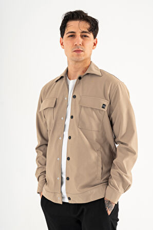 Erkek Camel Rahat Kesim Gömlek Ceket Kapaklı Çift Cepli Çıtçıtlı