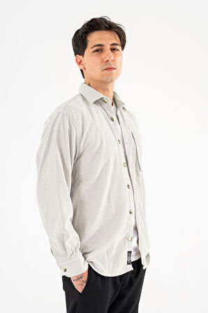 Erkek Kadife Gömlek Taş Rengi Rahat Kesim Uzun Kollu Tek cepli