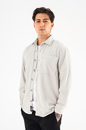 Erkek Kadife Gömlek Taş Rengi Rahat Kesim Uzun Kollu Tek cepli