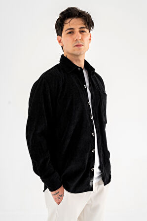 Erkek Kadife Gömlek Siyah Rahat Kesim Uzun Kollu Tek cepli