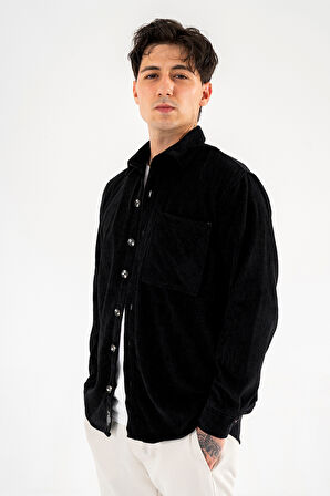 Erkek Kadife Gömlek Siyah Rahat Kesim Uzun Kollu Tek cepli