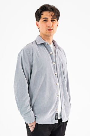 Erkek Kadife Gömlek Açık Gri Rahat Kesim Uzun Kollu Tek cepli