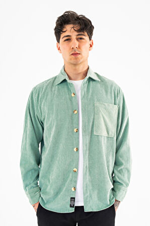 Erkek Kadife Gömlek Su Yeşili Rahat Kesim Uzun Kollu Tek cepli