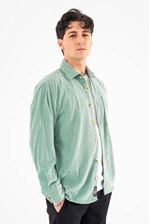 Erkek Kadife Gömlek Su Yeşili Rahat Kesim Uzun Kollu Tek cepli