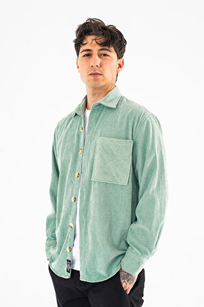 Erkek Kadife Gömlek Su Yeşili Rahat Kesim Uzun Kollu Tek cepli