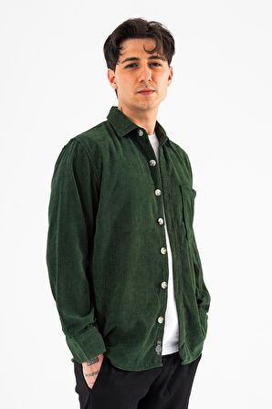 Erkek Kadife Gömlek Haki Rahat Kesim Uzun Kollu Tek cepli